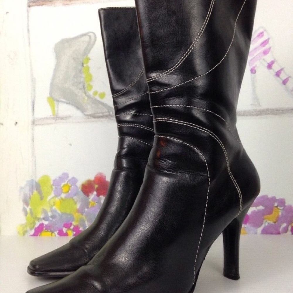 Black mid calf slip on high heel boots 9M